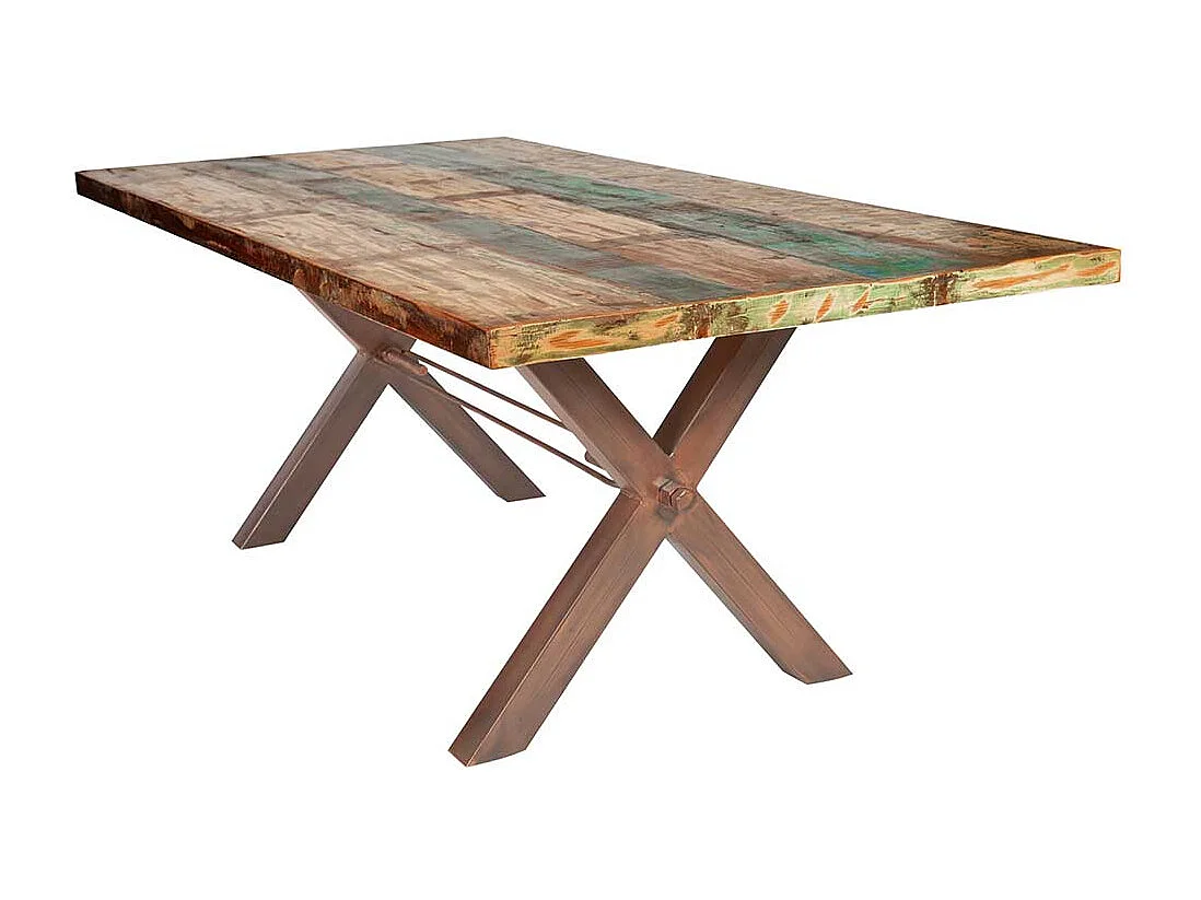 Altholz Esstisch in Bunt X-Füßen aus Eisen