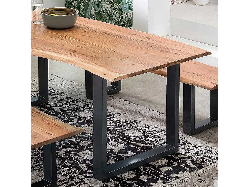 Baumkanten Esstisch aus Akazie Massivholz und Stahl Loft Design