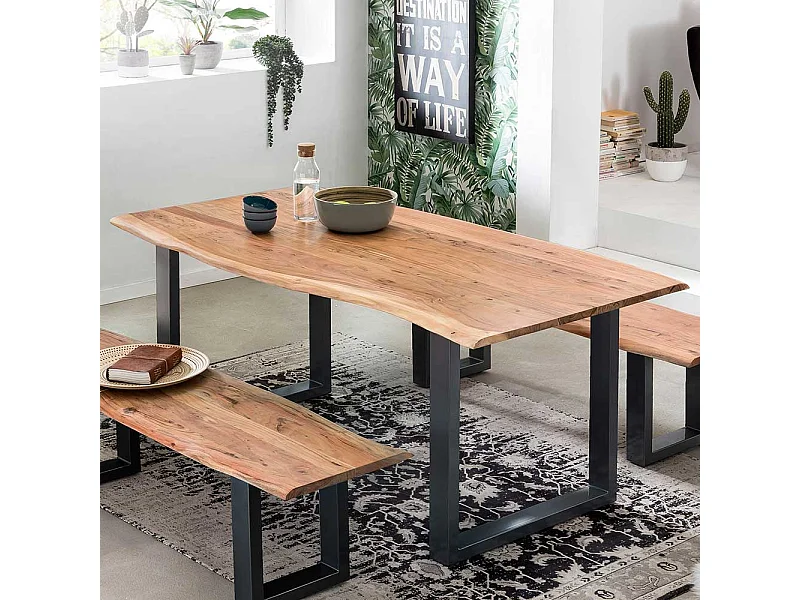 Baumkanten Esstisch aus Akazie Massivholz und Stahl Loft Design