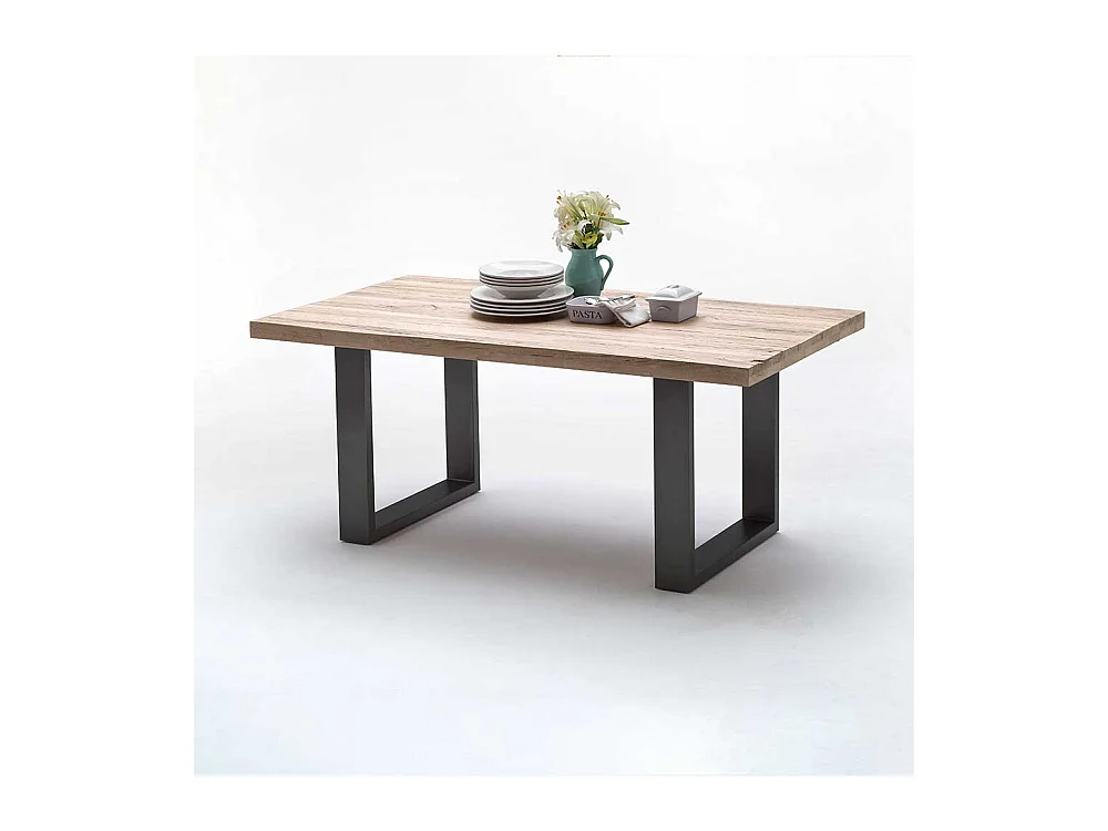 Echtholztisch aus Zerreiche massiv gekälkt Bügelgestell aus Stahl