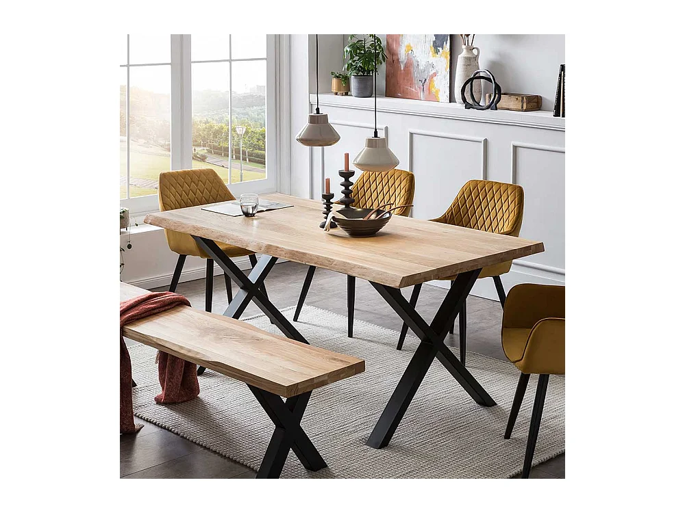 Baumkantentisch aus Eiche Massivholz und Metall X Gestell