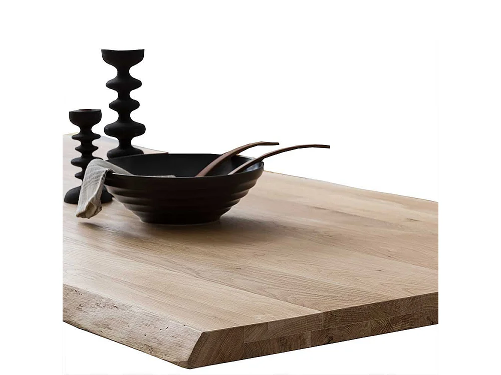 Baumkantentisch aus Eiche Massivholz und Metall X Gestell