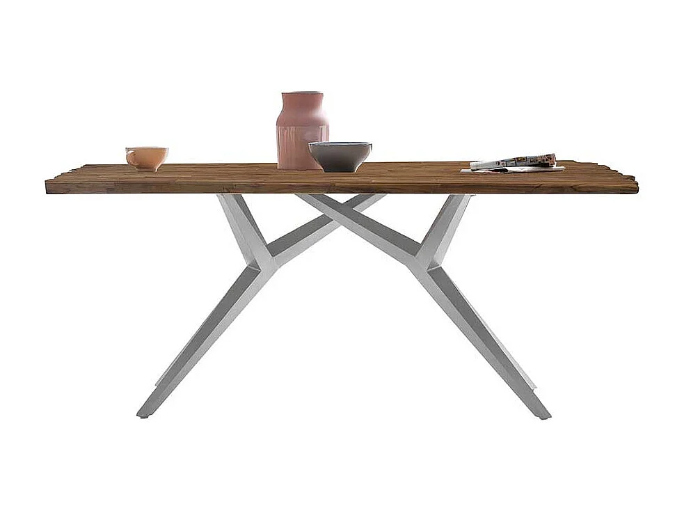 Design Esstisch in Teak und Altsilberfarben Massivholzplatte