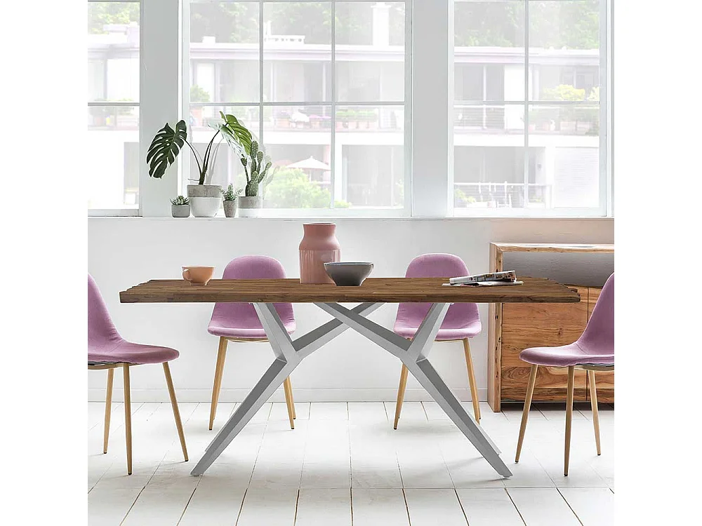 Design Esstisch in Teak und Altsilberfarben Massivholzplatte