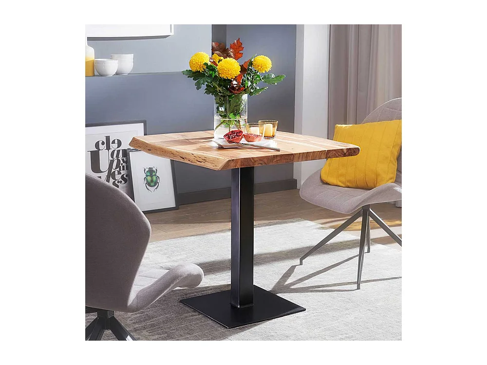 Kleiner Esstisch mit Baumkante Akazie Massivholz und Edelstahl