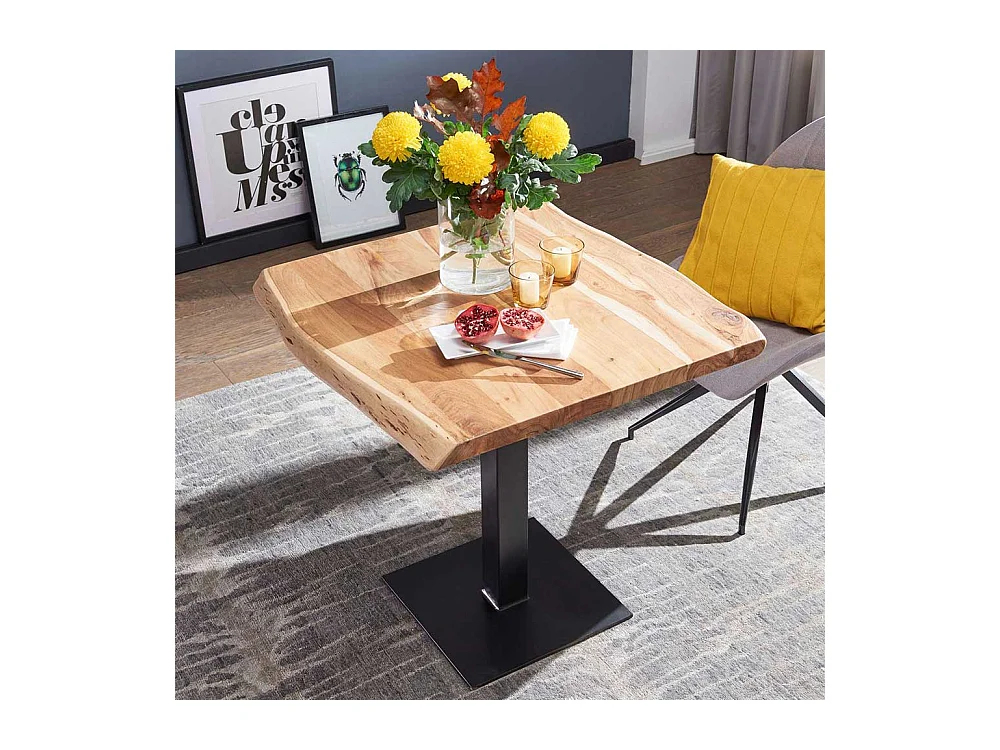 Kleiner Esstisch mit Baumkante Akazie Massivholz und Edelstahl