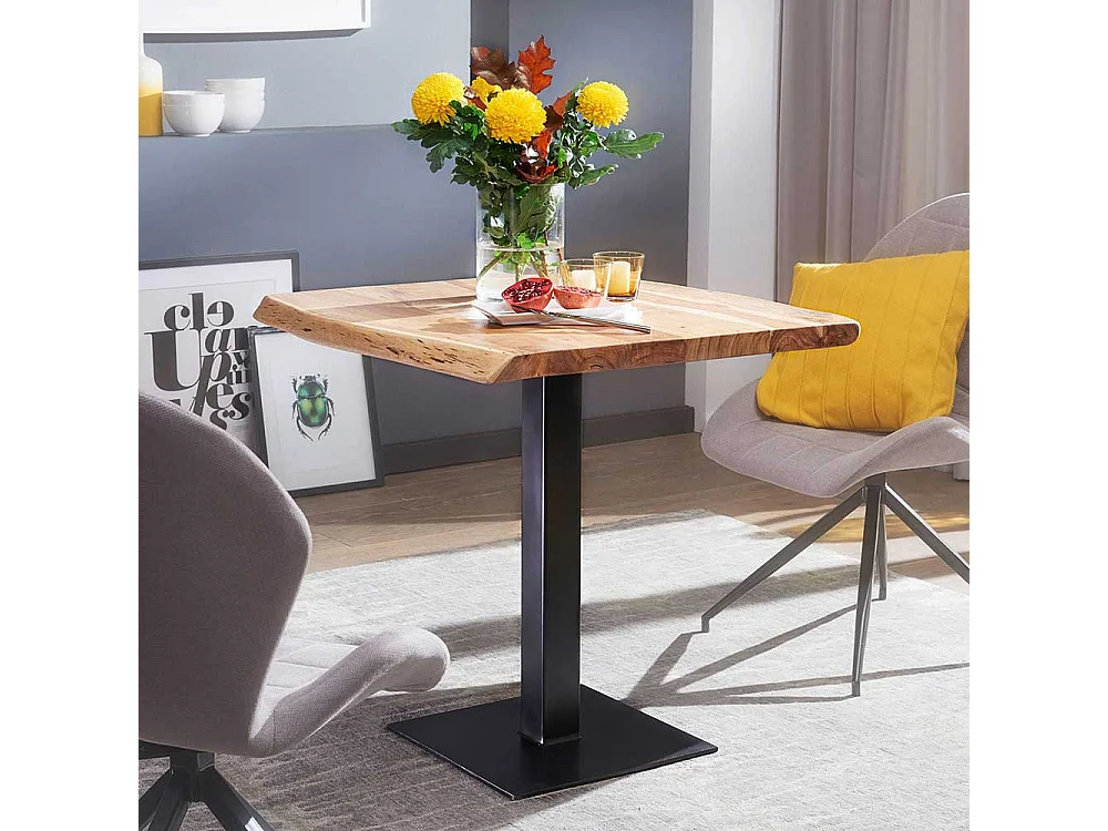 Kleiner Esstisch mit Baumkante Akazie Massivholz und Edelstahl