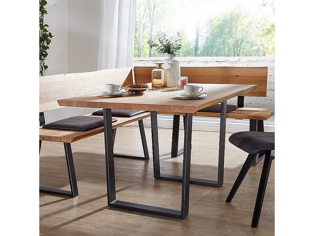 Holztisch Wildeiche geölt Metall Bügelgestell schwarz