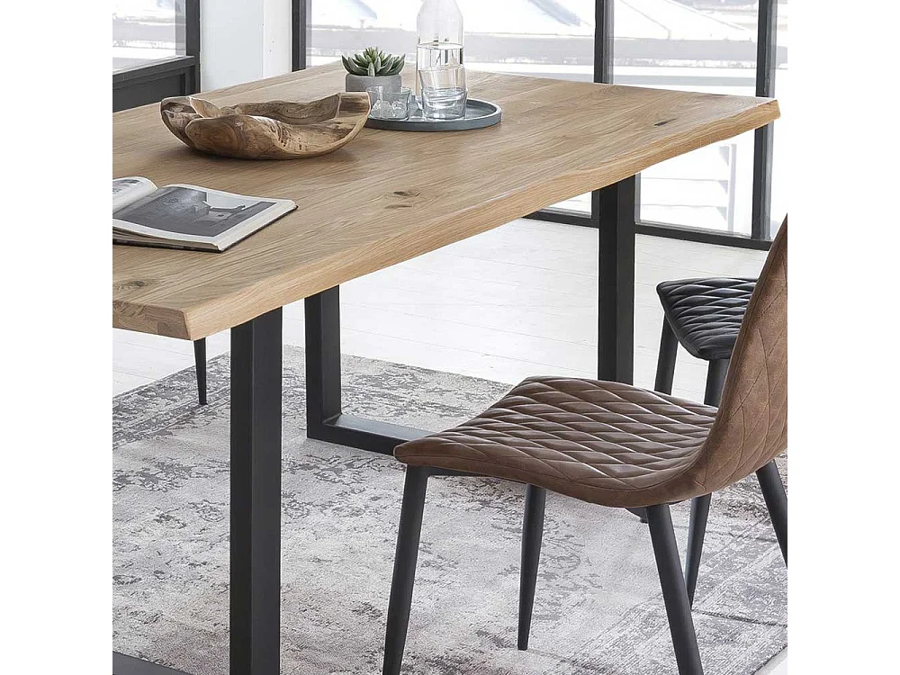Baumkanten Esstisch aus Wildeiche Massivholz und Stahl Loft Design