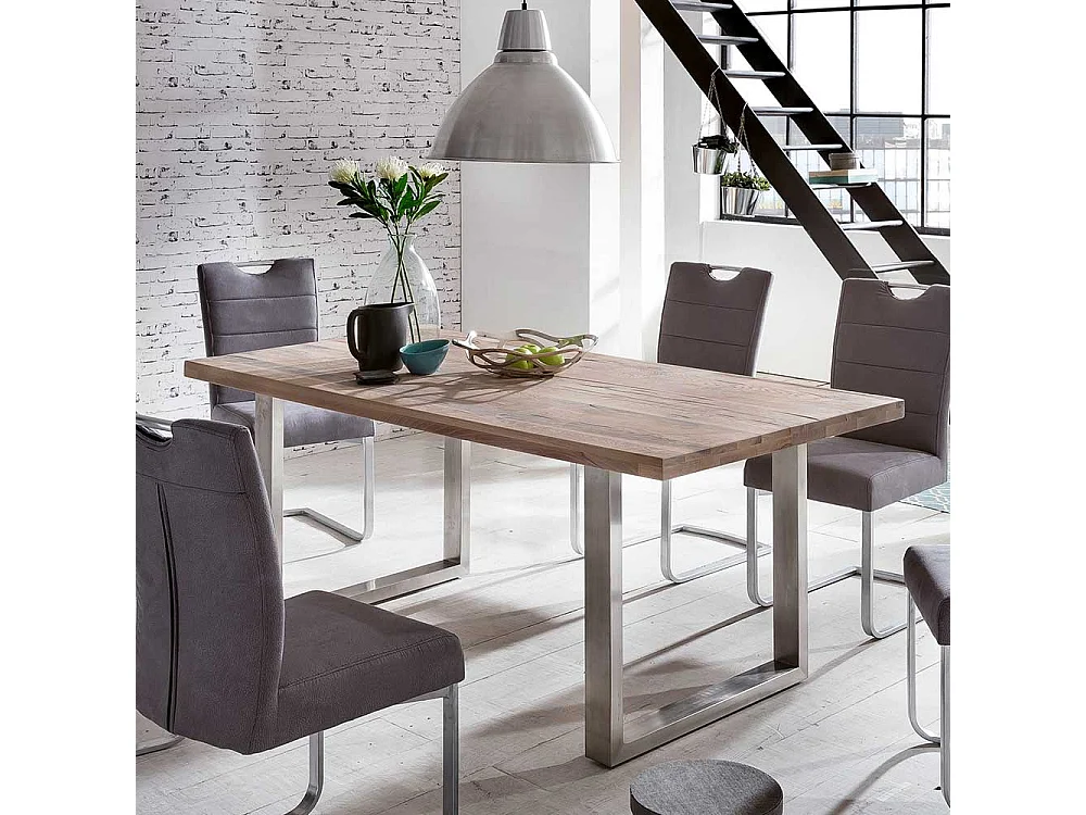 Industrial Esstisch Wildeiche weiß gekälkt Edelstahl Bügelgestell