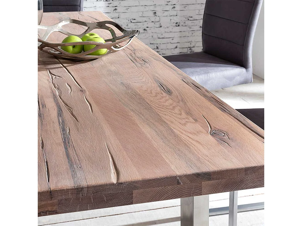 Industrial Esstisch Wildeiche weiß gekälkt Edelstahl Bügelgestell