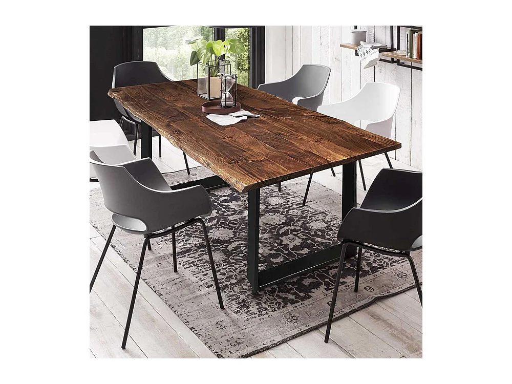 Baumkantentisch aus Akazie Massivholz und Metall Nussbaumfarben