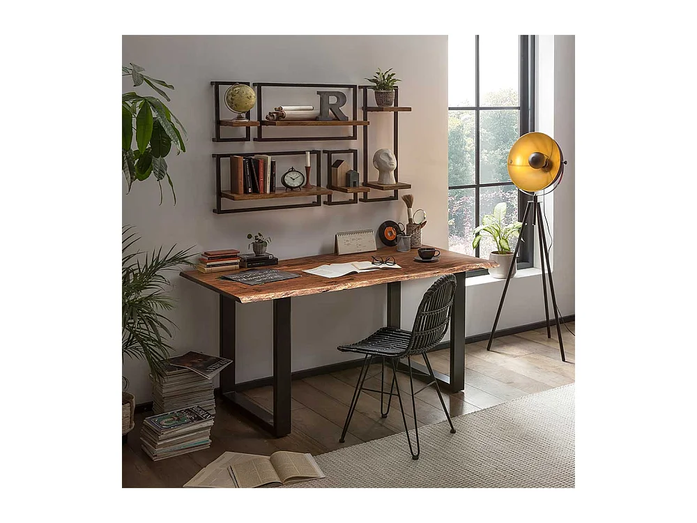 Baumkantentisch aus Akazie Massivholz und Metall Nussbaumfarben