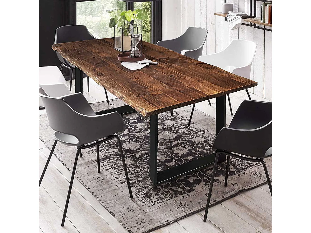 Baumkantentisch aus Akazie Massivholz und Metall Nussbaumfarben