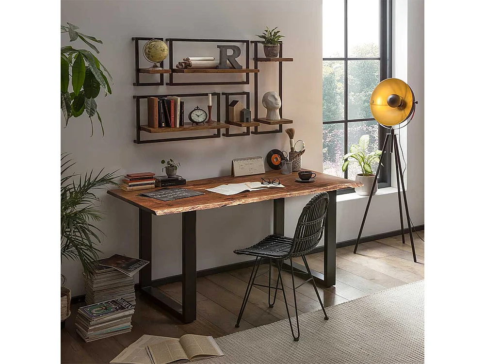 Baumkantentisch aus Akazie Massivholz und Metall Nussbaumfarben