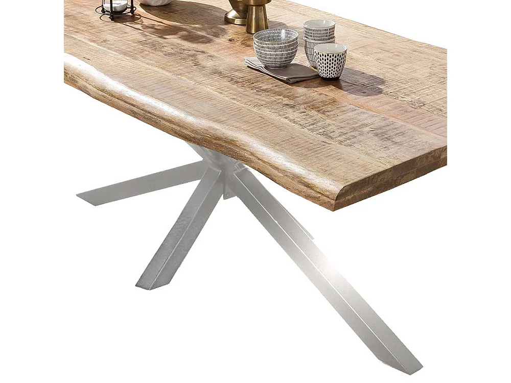 Baumkantentisch aus Mangobaum Massivholz Spider Gestell in Altsilberfarben