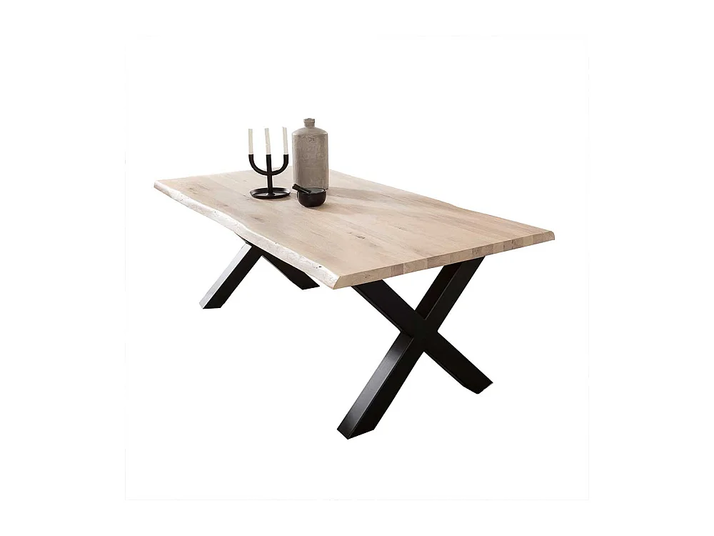 Baumkanten Esstisch aus Eiche massiv und White Wash geölt X-Fußgestell
