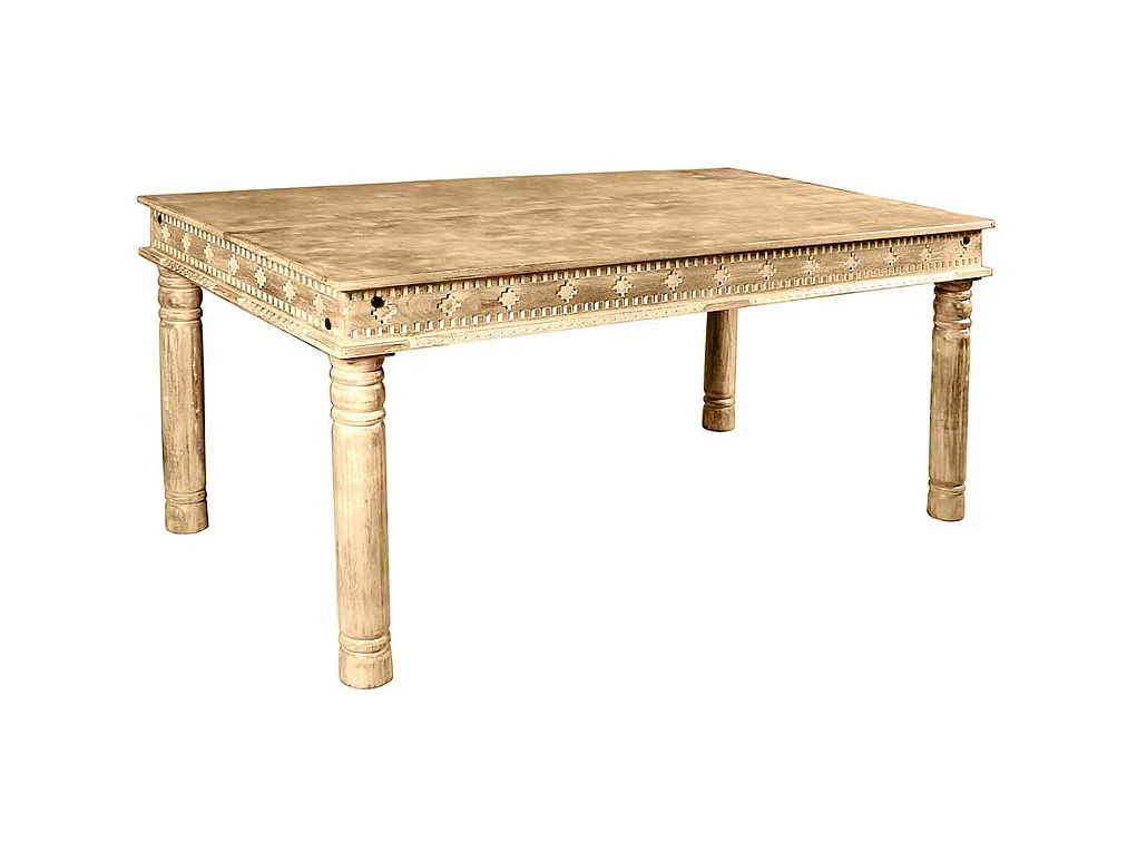 Designertisch aus Mangoholz Sandfarben massiv Schnitzereien versehen