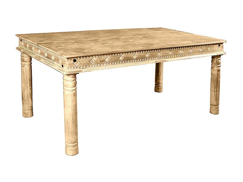 Designertisch aus Mangoholz Sandfarben massiv Schnitzereien versehen