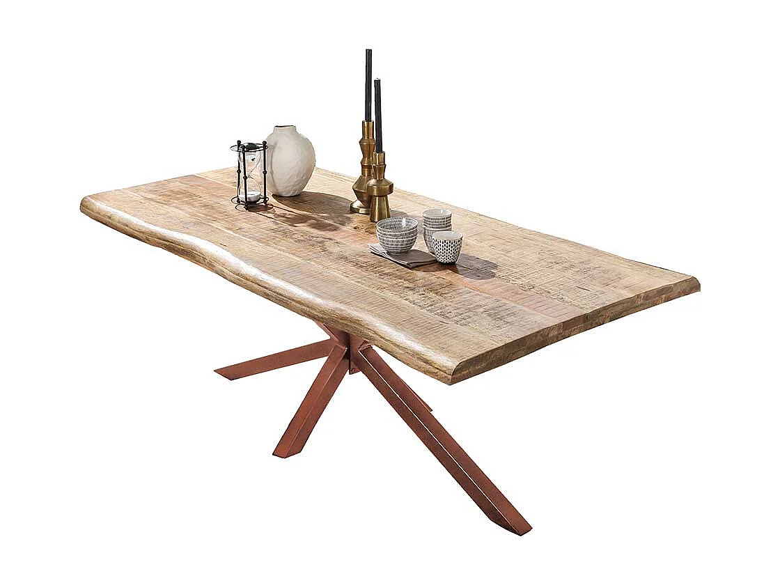 Esszimmertisch aus Mangobaum Massivholz und Eisen Baumkante