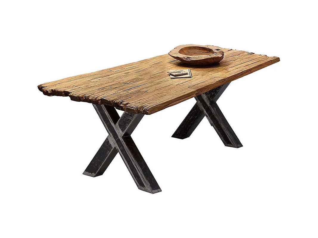 Design Esstisch rustikal aus Recyclingholz Teakfarben und Schwarz