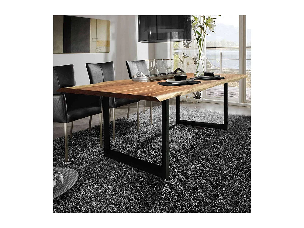 Baumkanten Küchentisch aus Akazie Massivholz Bügelgestell