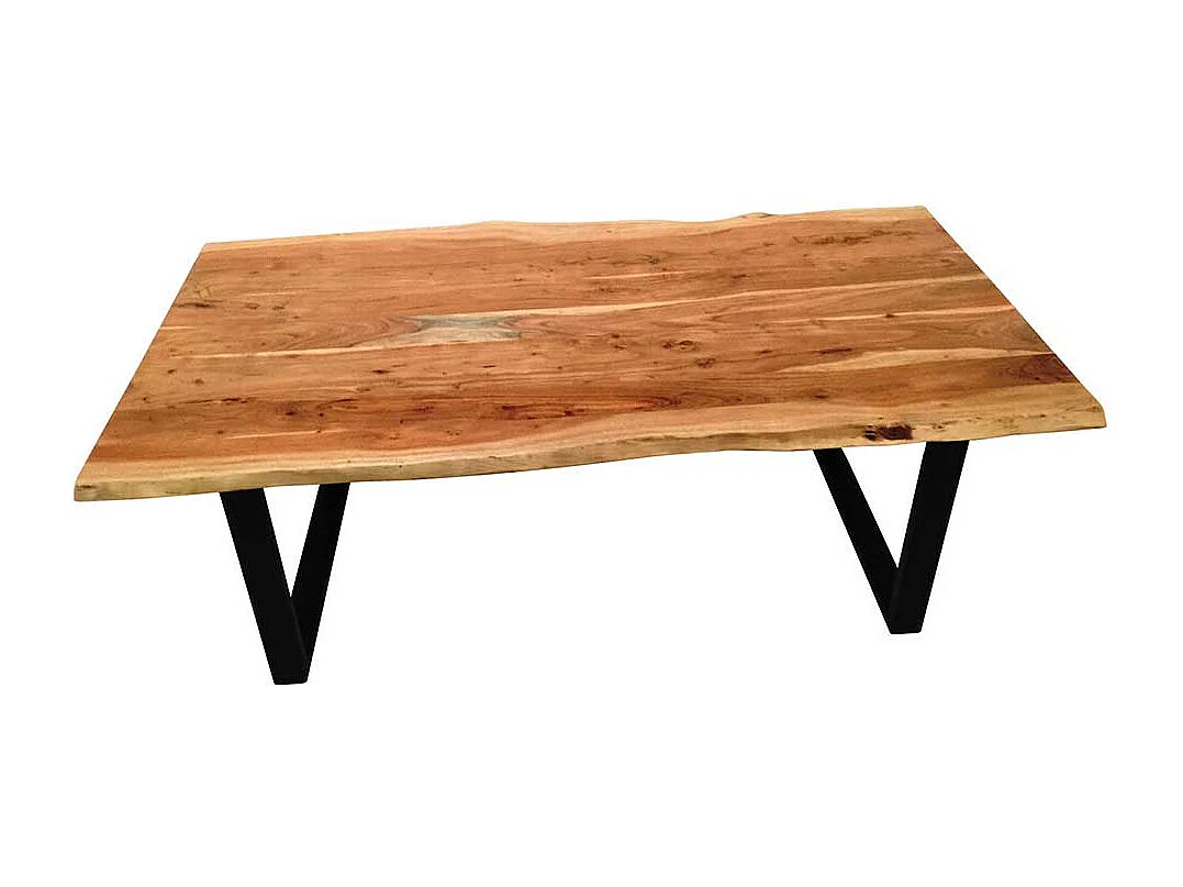 Baumkanten Küchentisch aus Akazie Massivholz Bügelgestell