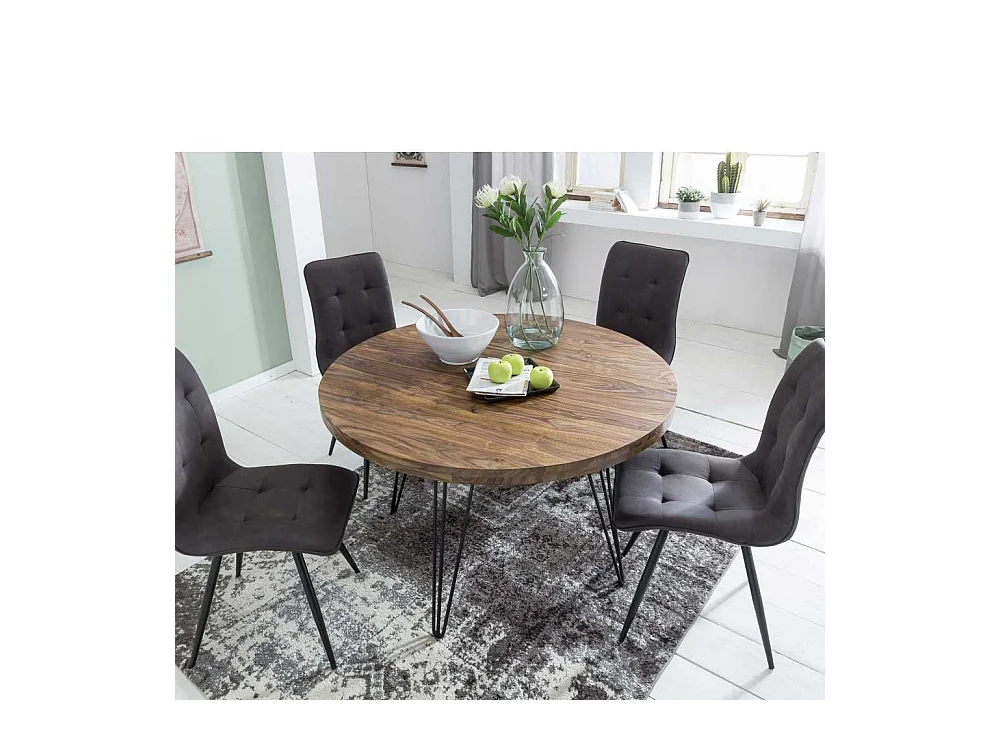 Runder Esstisch aus Sheesham Massivholz Metallgestell