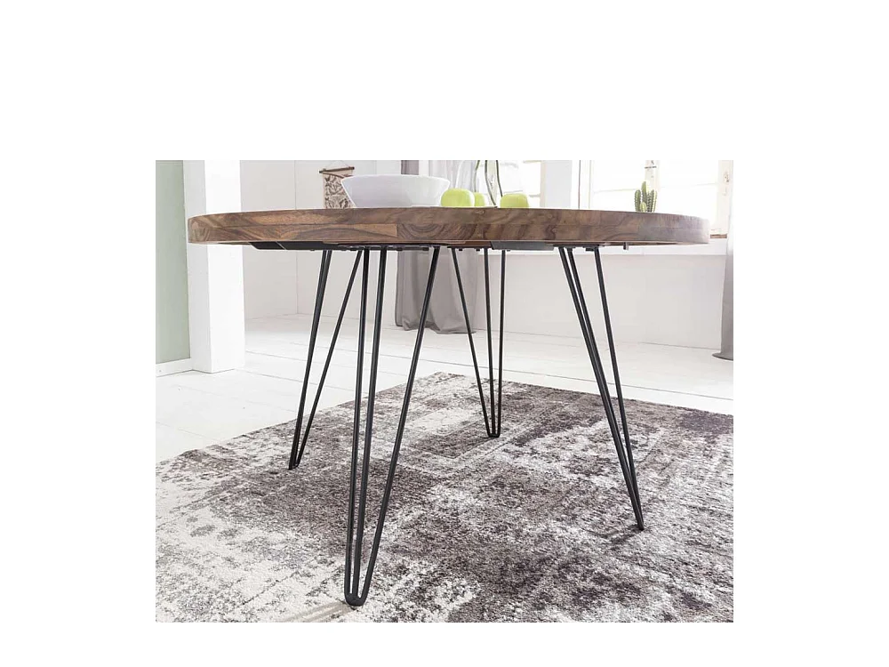 Runder Esstisch aus Sheesham Massivholz Metallgestell