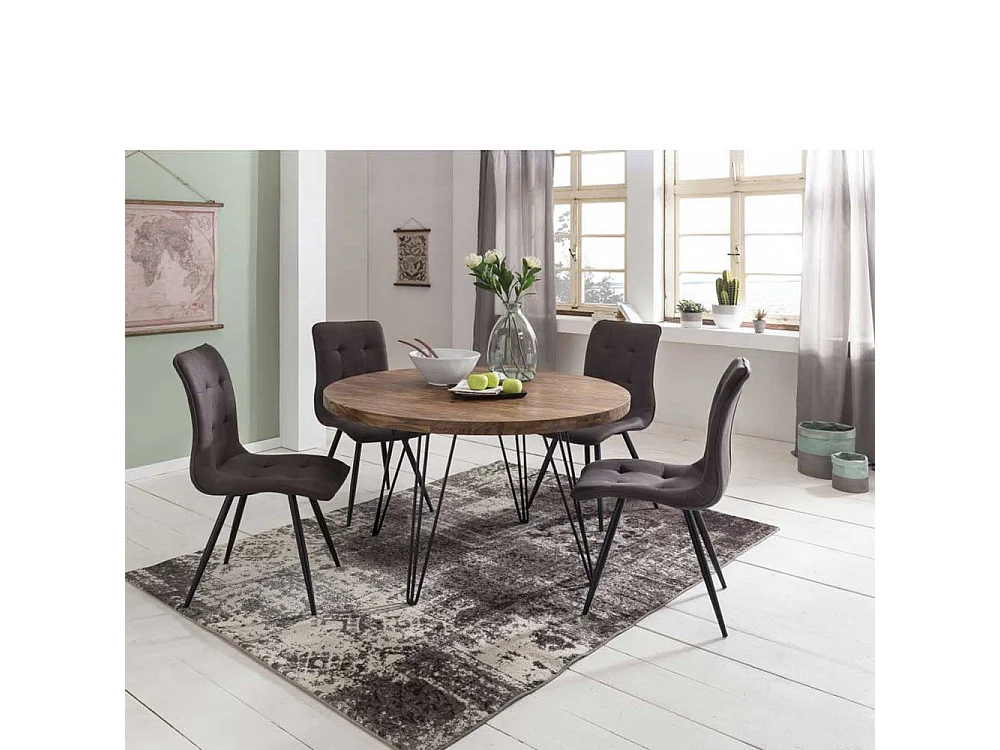 Runder Esstisch aus Sheesham Massivholz Metallgestell