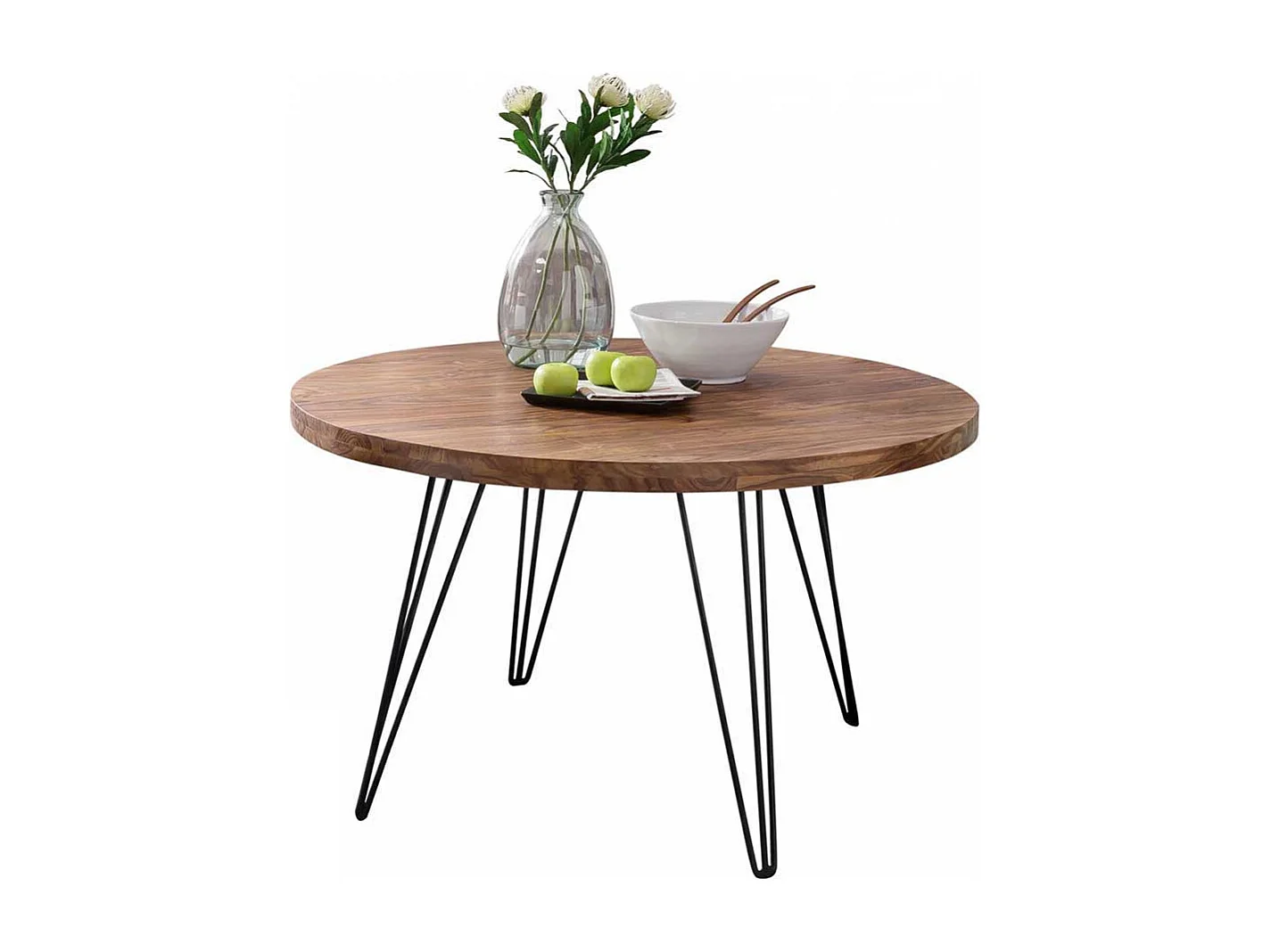 Runder Esstisch aus Sheesham Massivholz Metallgestell