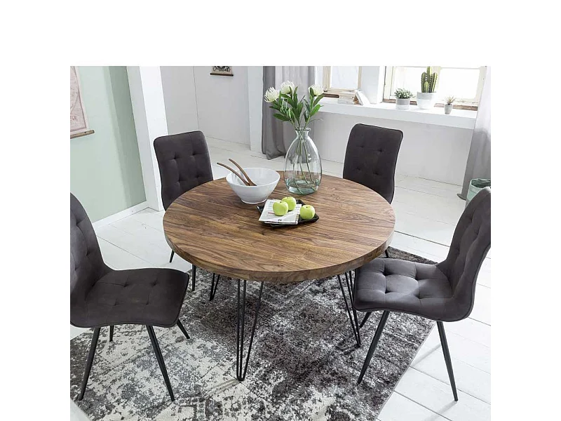 Runder Esstisch aus Sheesham Massivholz Metallgestell