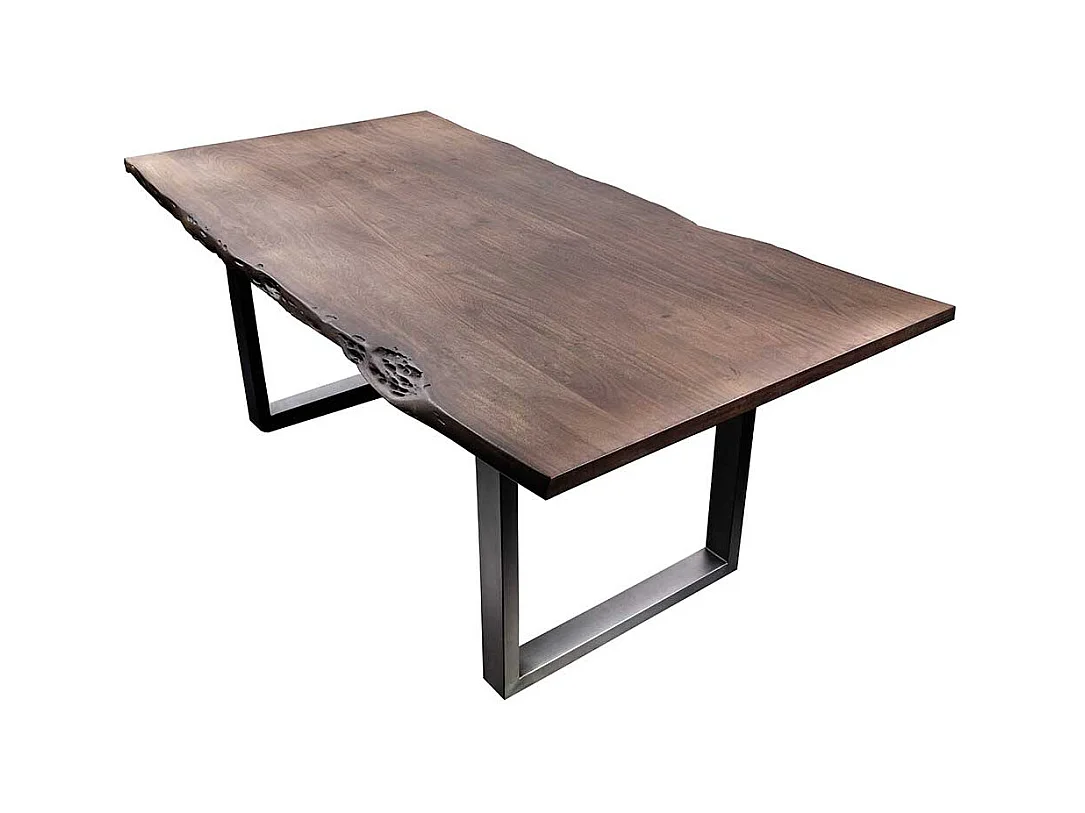 Baumkantentisch in Walnussfarben und Silber Akazie Massivholz und Edelstahl