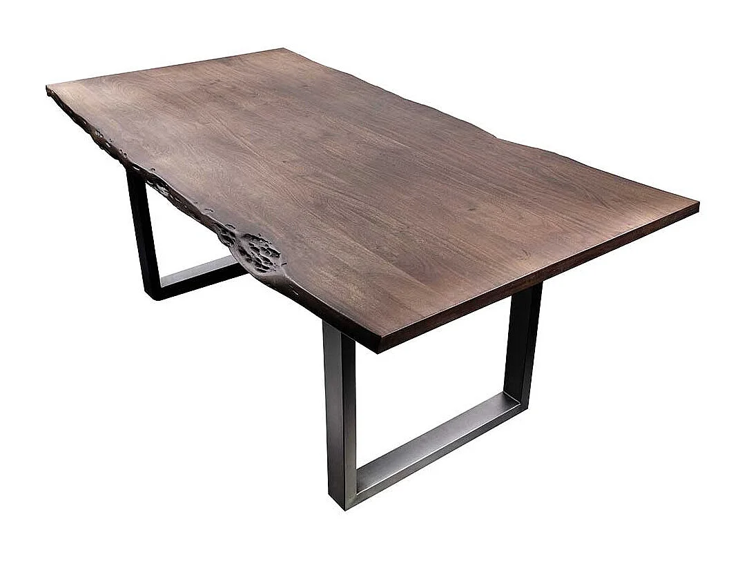 Baumkantentisch in Walnussfarben und Silber Akazie Massivholz und Edelstahl