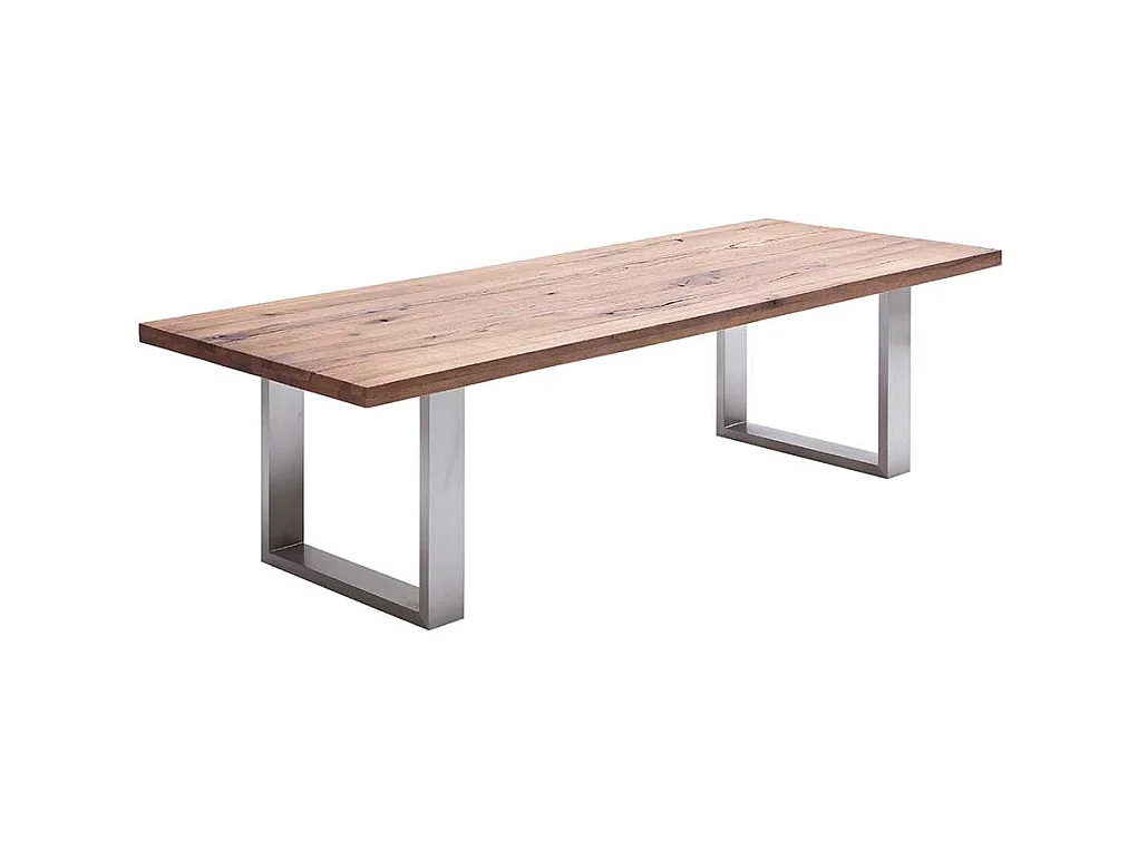 Esszimmertisch aus Zerreiche massiv dunkel lackiert Edelstahl Bügelgestell