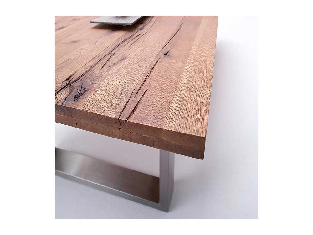 Esszimmertisch aus Zerreiche massiv dunkel lackiert Edelstahl Bügelgestell