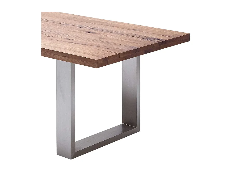 Esszimmertisch aus Zerreiche massiv dunkel lackiert Edelstahl Bügelgestell