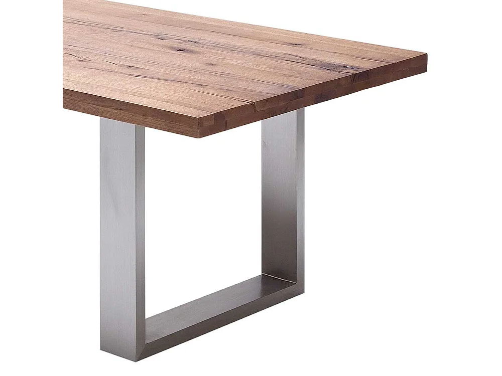 Esszimmertisch aus Zerreiche massiv dunkel lackiert Edelstahl Bügelgestell