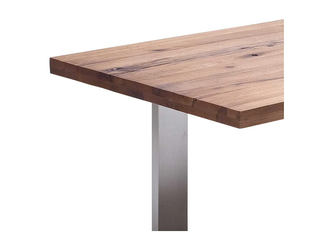 Esszimmertisch aus Zerreiche massiv dunkel lackiert Edelstahl Bügelgestell