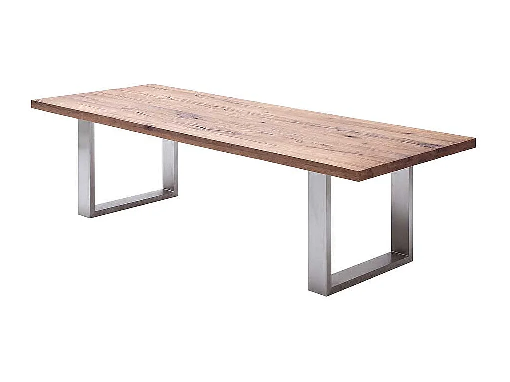 Esszimmertisch aus Zerreiche massiv dunkel lackiert Edelstahl Bügelgestell