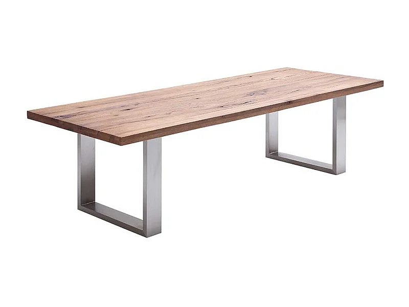 Esszimmertisch aus Zerreiche massiv dunkel lackiert Edelstahl Bügelgestell