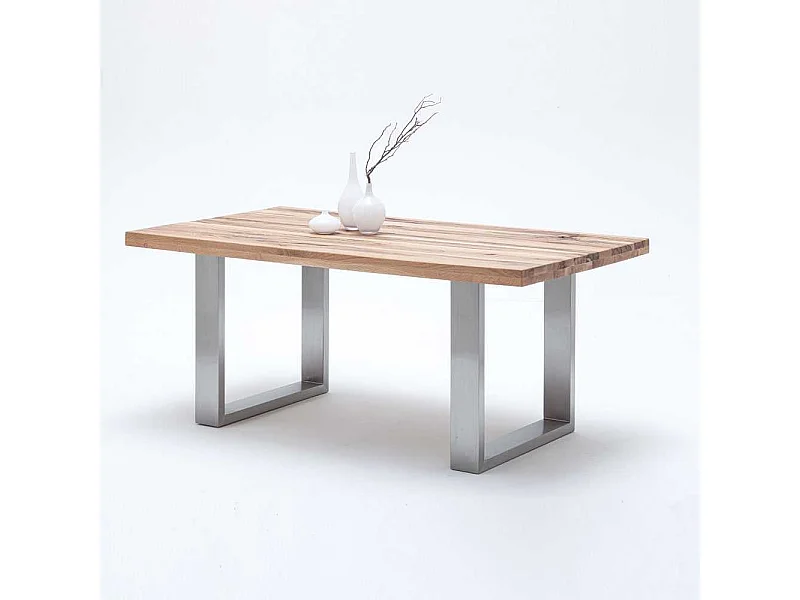 Massivholztisch in Wildeichefarben Edelstahlgestell