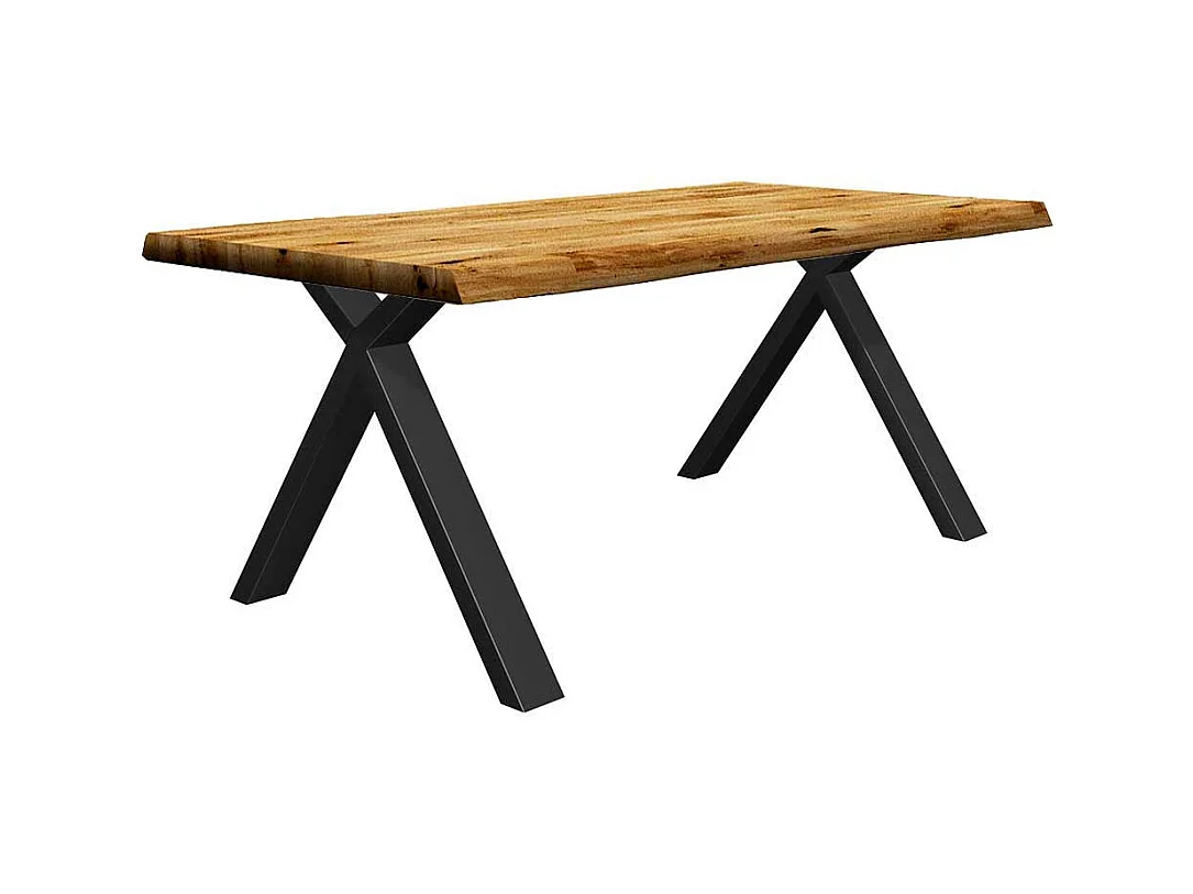 Tisch mit Baumkanten aus Eiche Massivholz und Metall X Gestell