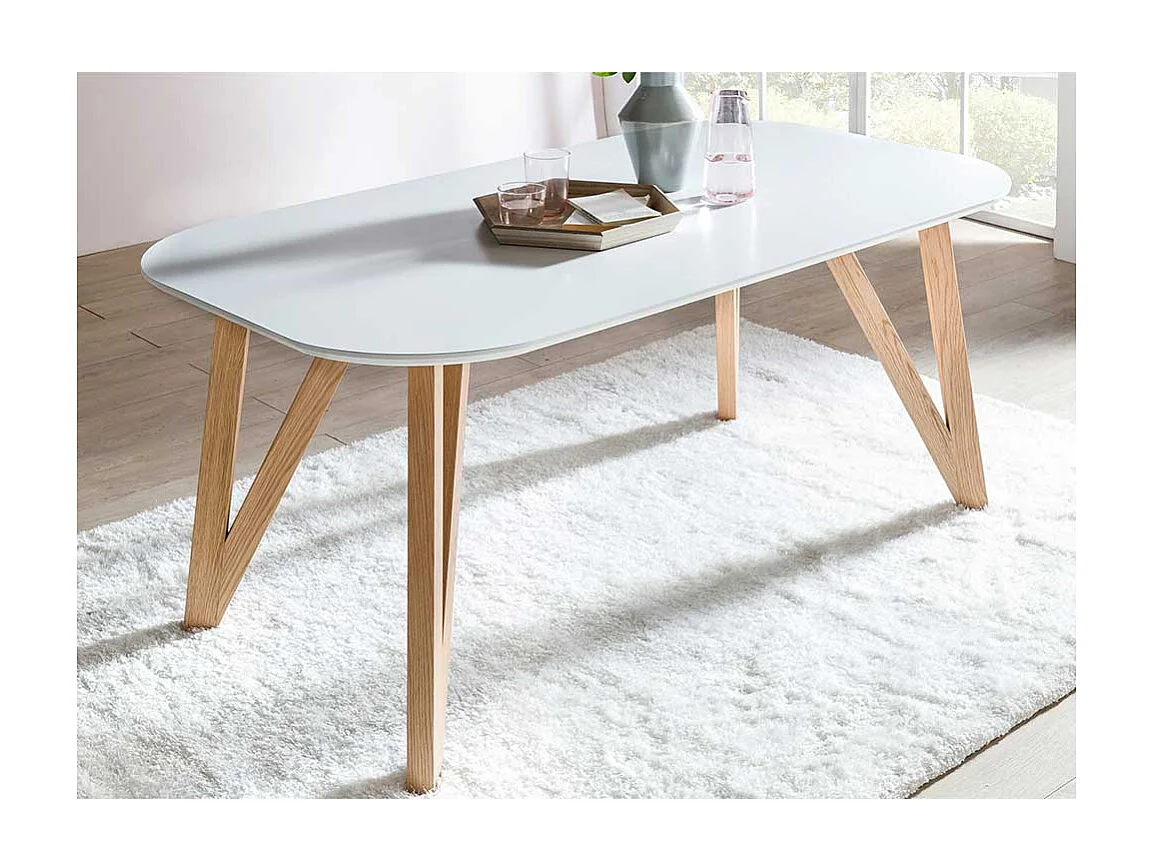 Ovaler Küchentisch in Weiß 4-Fußgestell aus Eiche Massivholz