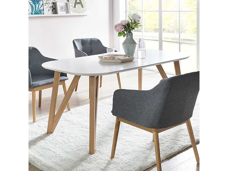 Ovaler Küchentisch in Weiß 4-Fußgestell aus Eiche Massivholz