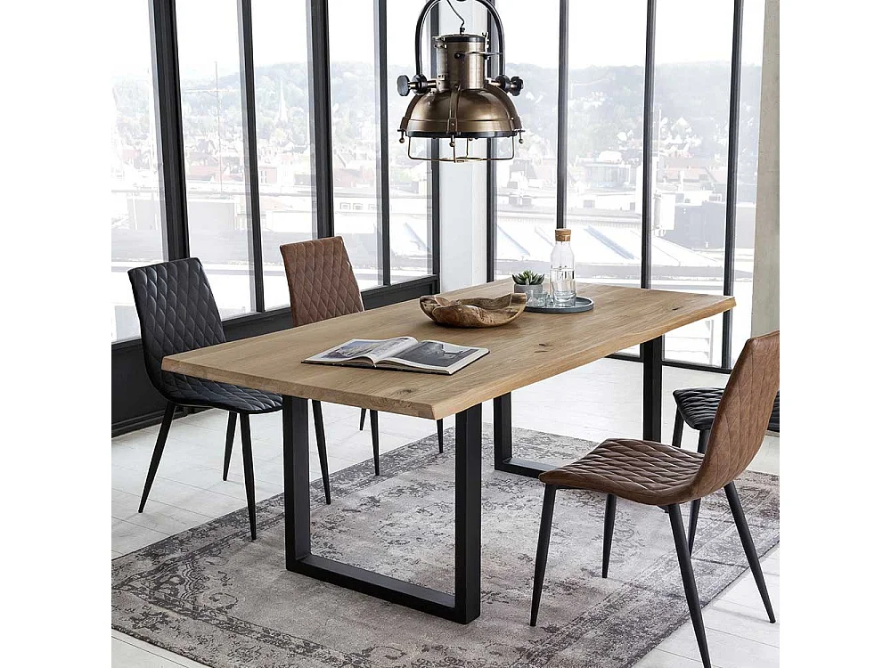 Echtholztisch aus Wildeiche Massivholz Metall Bügelgestell