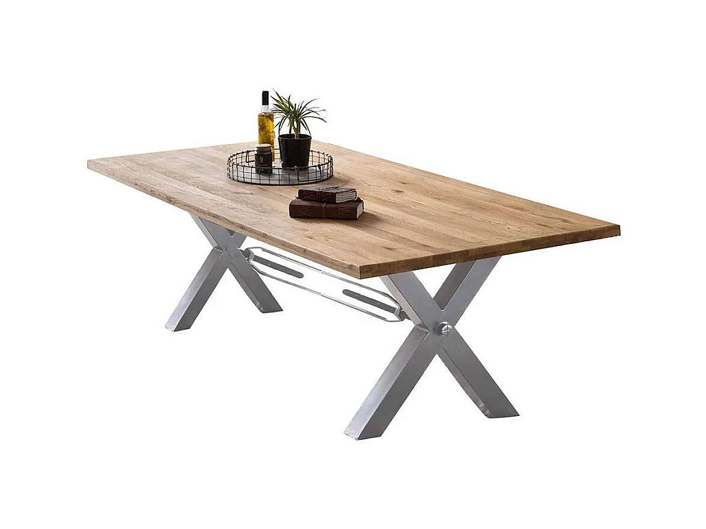 Baumkanten Esstisch aus Wildeiche Massivholz Metallgestell in Weiß