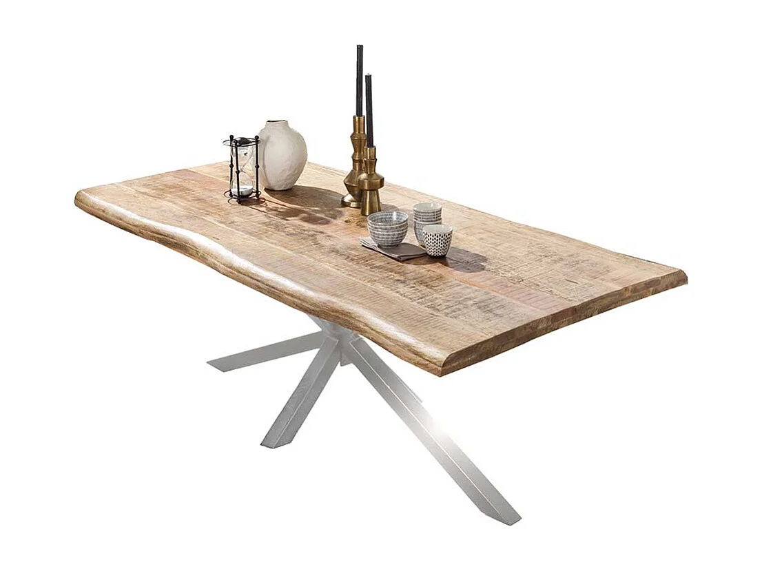 Baumkantentisch aus Mangobaum Massivholz Spider Gestell in Altsilberfarben