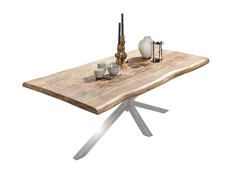 Baumkantentisch aus Mangobaum Massivholz Spider Gestell in Altsilberfarben