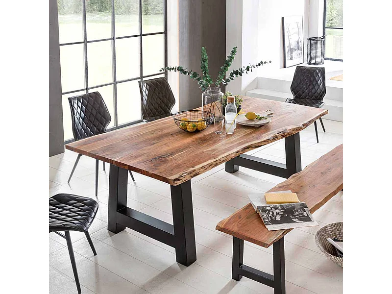 Esszimmertisch mit Baumkante Akazie massiv Schwarz Eisen